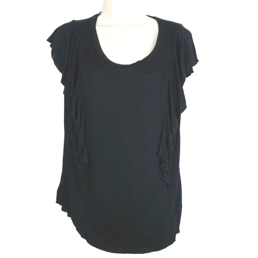 Wishful Park Top Ruffle Women Juniors Size L Black Short Slv Jersey Knit Stretch